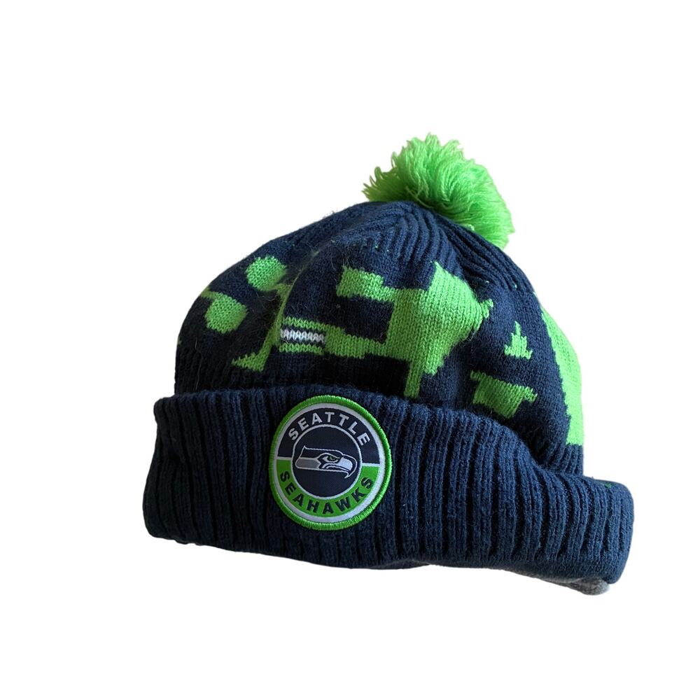 NFL Seattle Seahawks navy green knit beanie one size fits most fleece lined HOLE